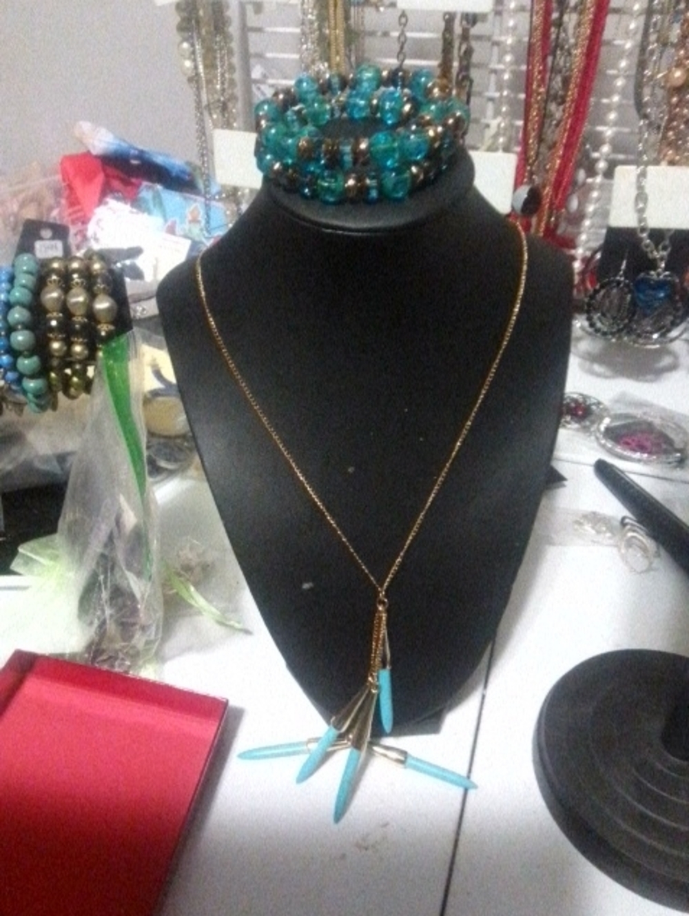 Gold Chain Necklace with Turquoise Spike Pendants - Women Jewelry
